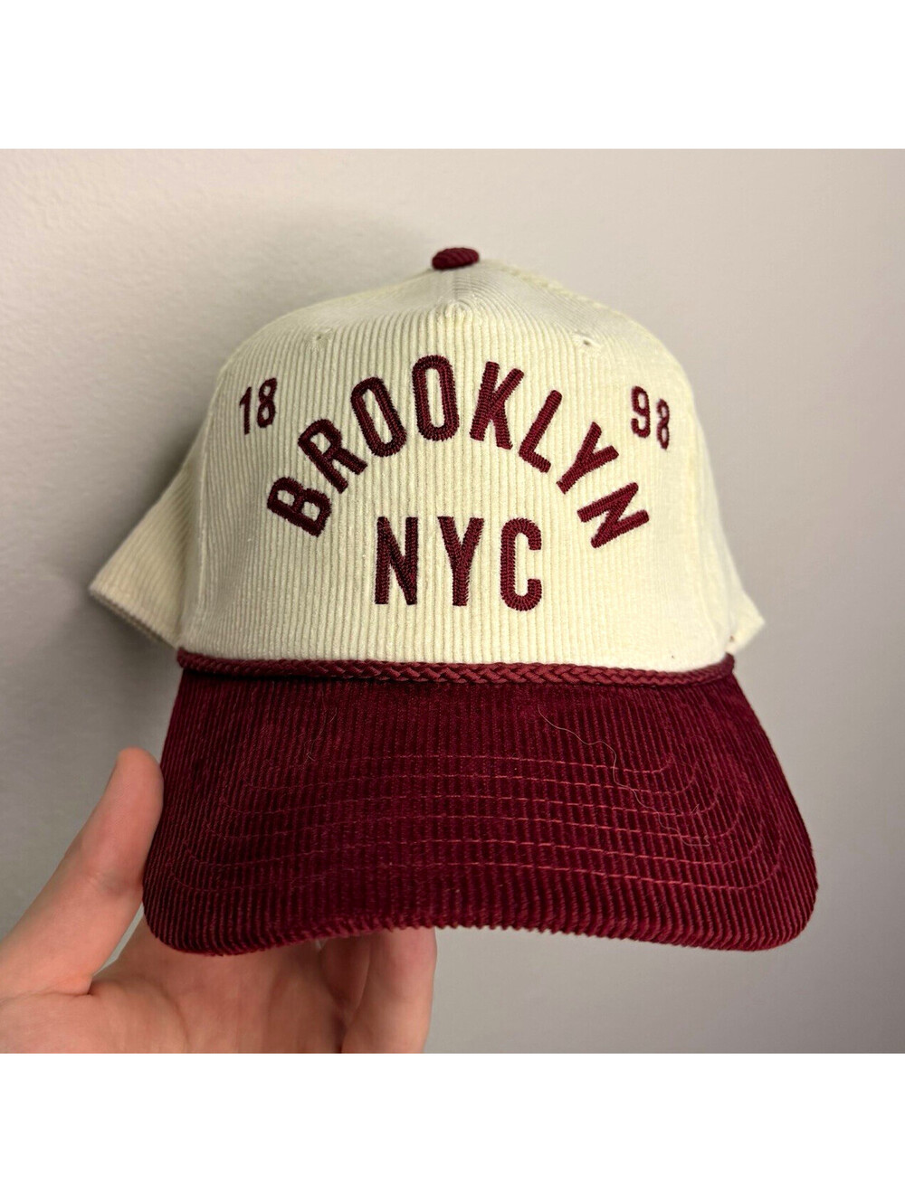 Brooklyn NYC Beige/Burgundy Adjustable Corduroy Baseball Cap One